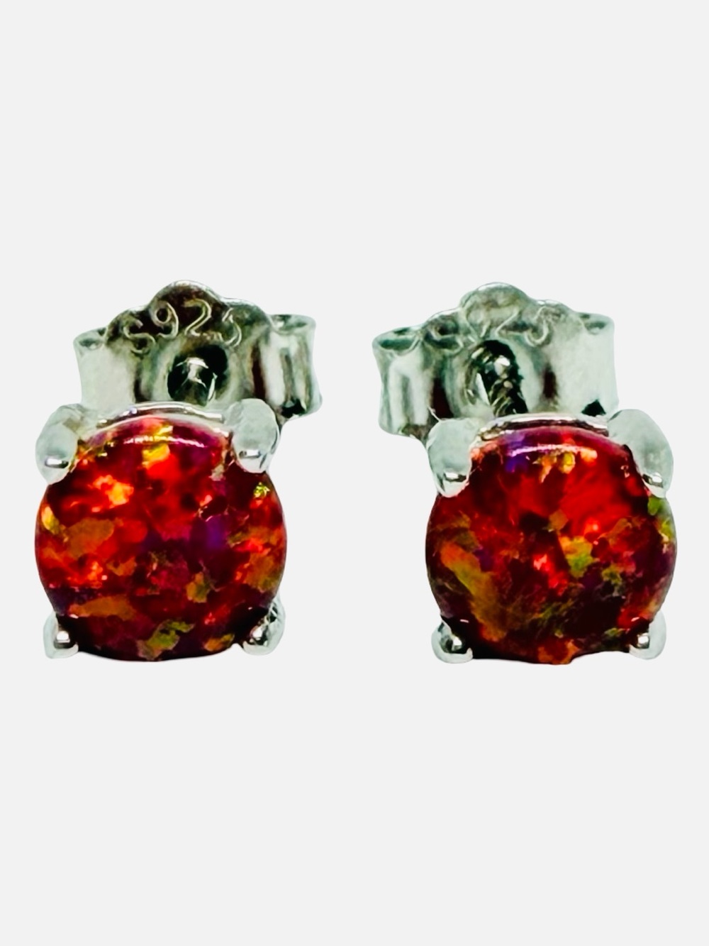 Sterling Silver Red Opal Round Stud Earrings